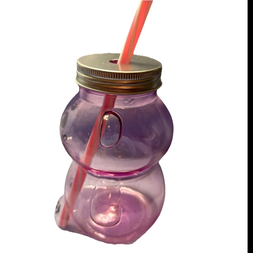 pack of 9 plastic pink clear bear-shaped cups w lids & straws party favor